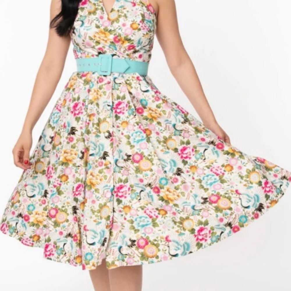Unique Vintage Crane Floral Halter Dress 3x